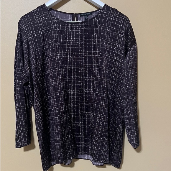 Eileen Fisher Tops - Eileen Fisher Purple and White Grid Pattern Long Sleeve Silk Top. Large